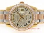 Replica Rolex Pearlmaster Day Date Watch - 3-Tone Diamond Paved Roman Dial